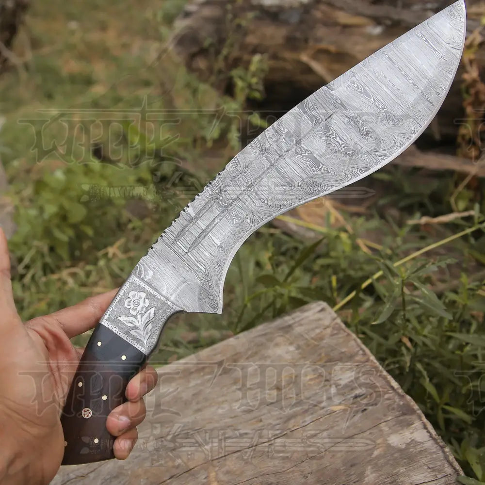Custom Handmade Forged Damascus Steel Survival Hunting Bushcraft Kukri Knife Edc 12 With Cocobolo
