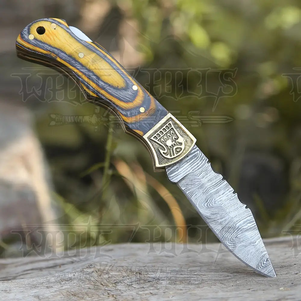 Customs Hand Made Damascus Steel Hunting Folding Knife Brass Bolster With Colored Wood Handle Wh