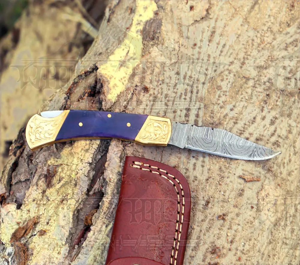 Customs Hand Made Forged Damascus Steel Folding Knife Engraved Brass Bolster Bone Handle Wh 2843