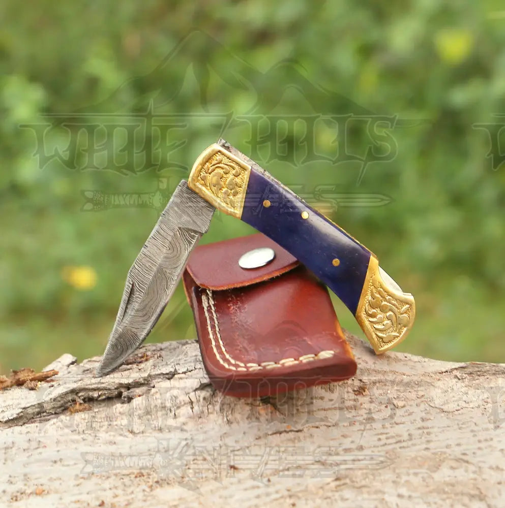 Customs Hand Made Forged Damascus Steel Folding Knife Engraved Brass Bolster Bone Handle Wh 2843