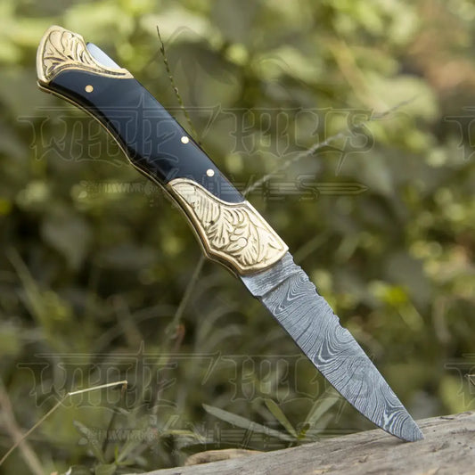 Customs Hand Made Forged Damascus Steel Folding Knife With Engraved Brass Bolster & Bull Horn Handle