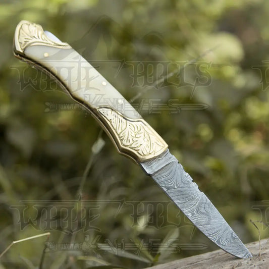 Customs Hand Made Forged Damascus Steel Folding Knife With Engraved Brass Bolster & White Bone