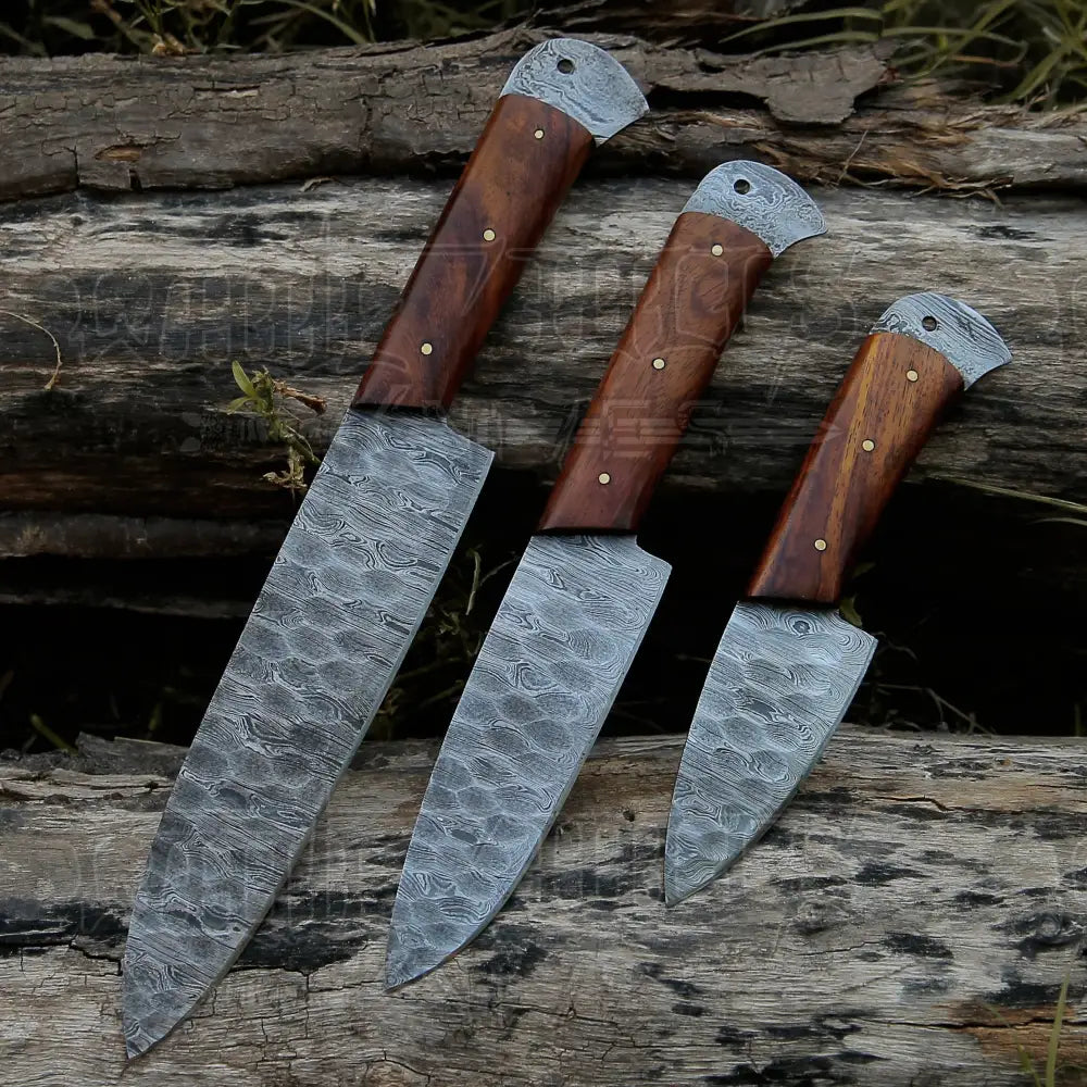 Damascus 3 Piece Chef Knife Set & Leather Roll Kitchen Knives