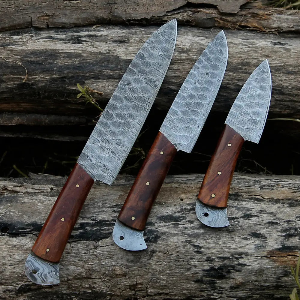 Damascus 3 Piece Chef Knife Set & Leather Roll Kitchen Knives