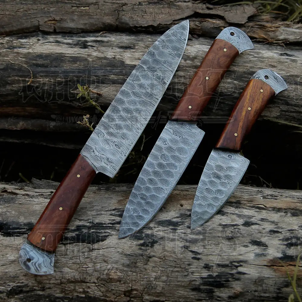 Damascus 3 Piece Chef Knife Set & Leather Roll Kitchen Knives