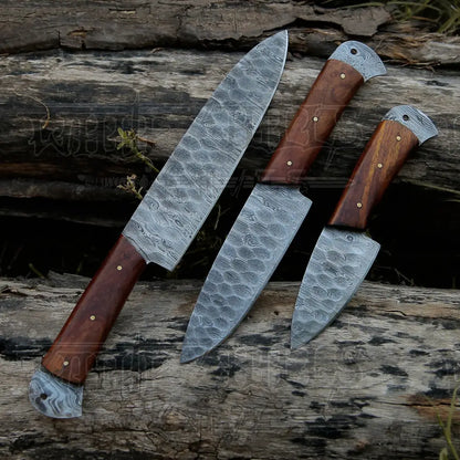 Damascus 3 Piece Chef Knife Set & Leather Roll Kitchen Knives