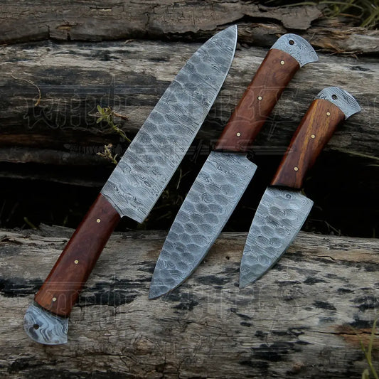 Damascus 3 Piece Chef Knife Set & Leather Roll Kitchen Knives