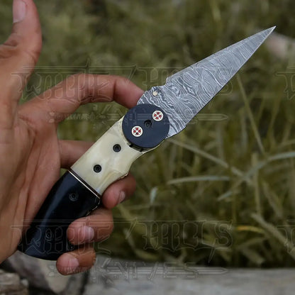 Damascus Steel Folding Pocket Knife - 8 Handmade Gift With Camel Bone & Resin Handle Camping