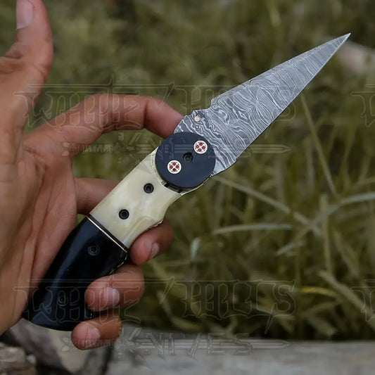 Damascus Steel Folding Pocket Knife - 8 Handmade Gift With Camel Bone & Resin Handle Camping