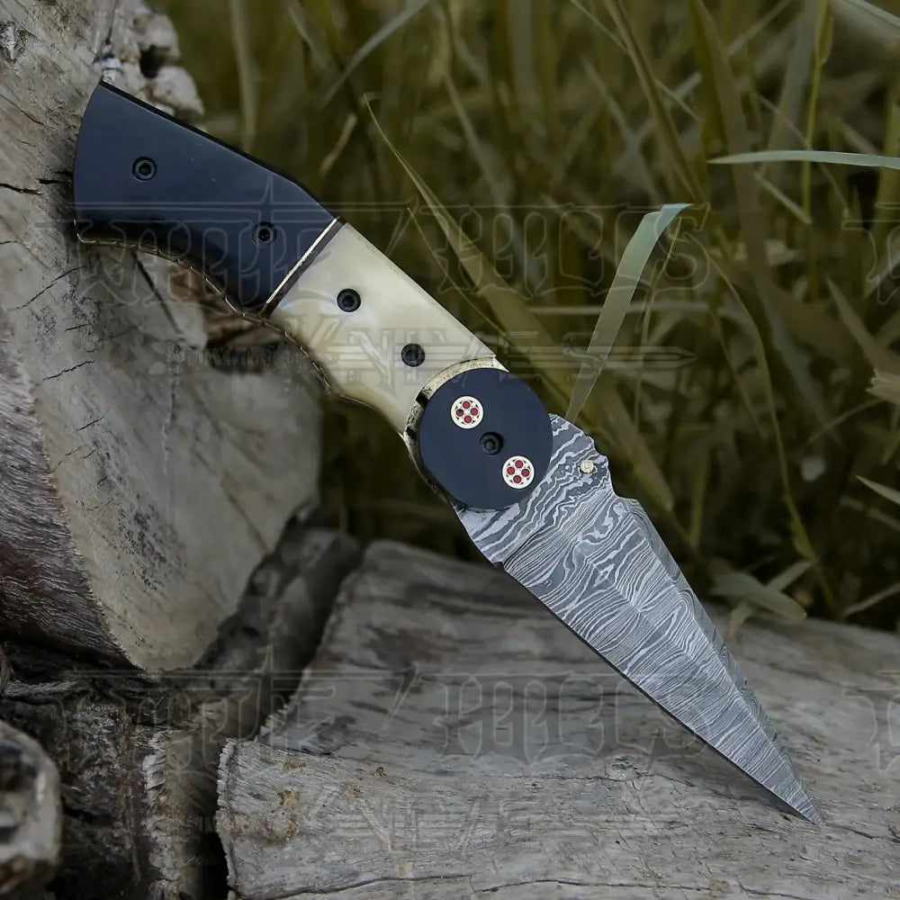 Damascus Steel Folding Pocket Knife - 8 Handmade Gift With Camel Bone & Resin Handle Camping