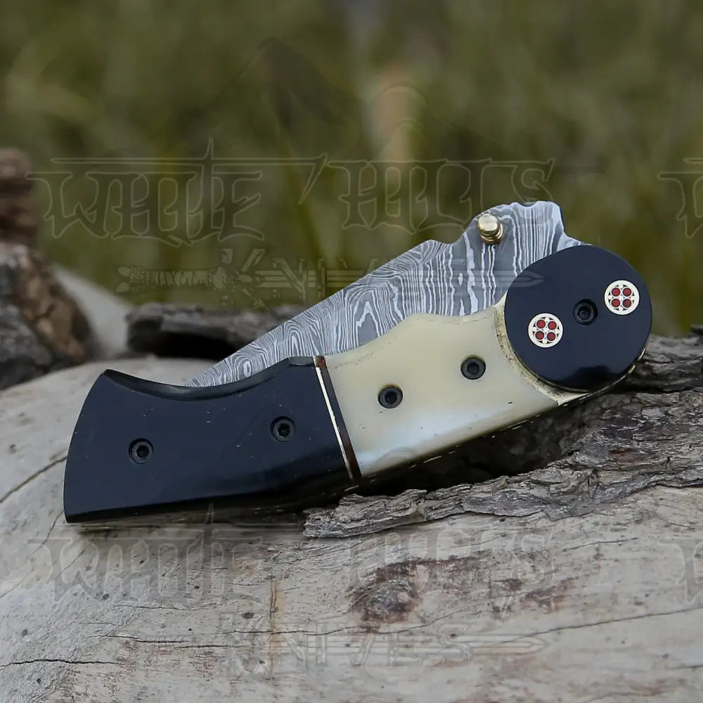 Damascus Steel Folding Pocket Knife - 8 Handmade Gift With Camel Bone & Resin Handle Camping