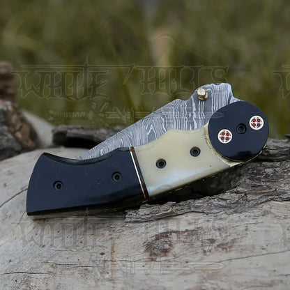 Damascus Steel Folding Pocket Knife - 8 Handmade Gift With Camel Bone & Resin Handle Camping