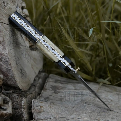 Damascus Steel Folding Pocket Knife - 8 Handmade Gift With Camel Bone & Resin Handle Camping