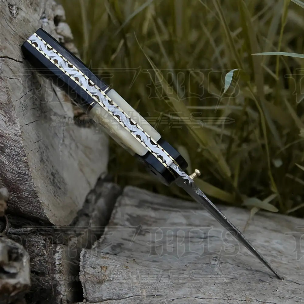 Damascus Steel Folding Pocket Knife - 8 Handmade Gift With Camel Bone & Resin Handle Camping