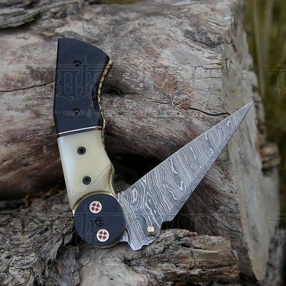 Damascus Steel Folding Pocket Knife - 8 Handmade Gift With Camel Bone & Resin Handle Camping