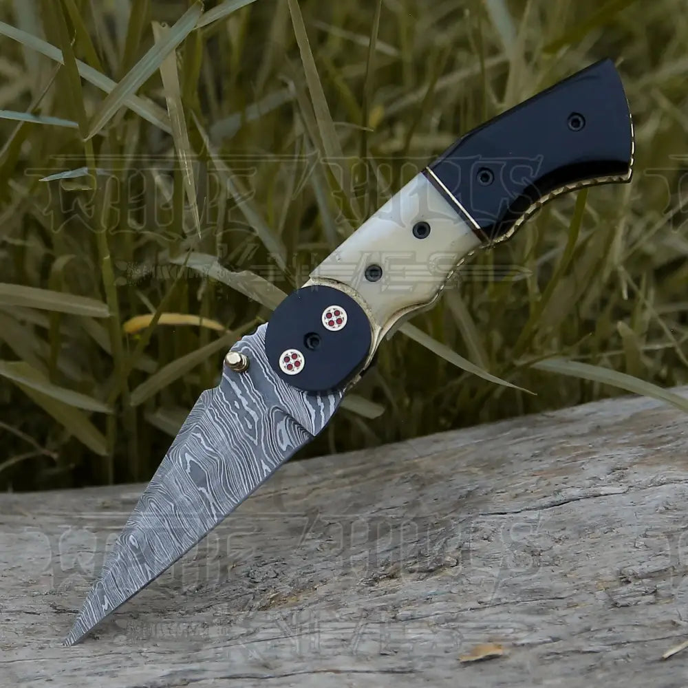 Damascus Steel Folding Pocket Knife - 8 Handmade Gift With Camel Bone & Resin Handle Camping