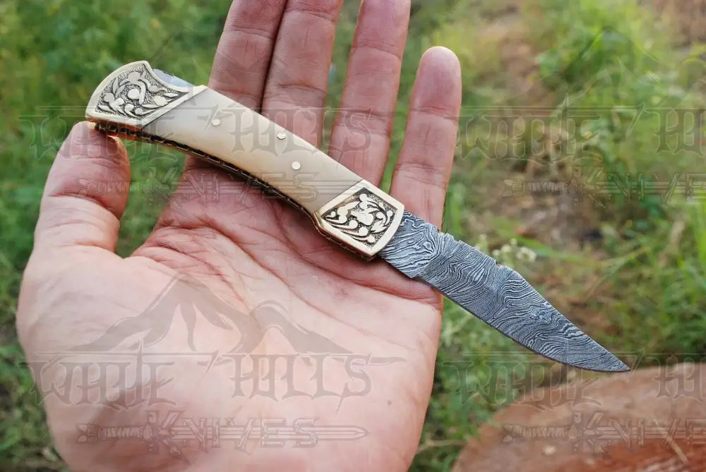 Damascus Steel Pocket Folding Hunter Knife Bone