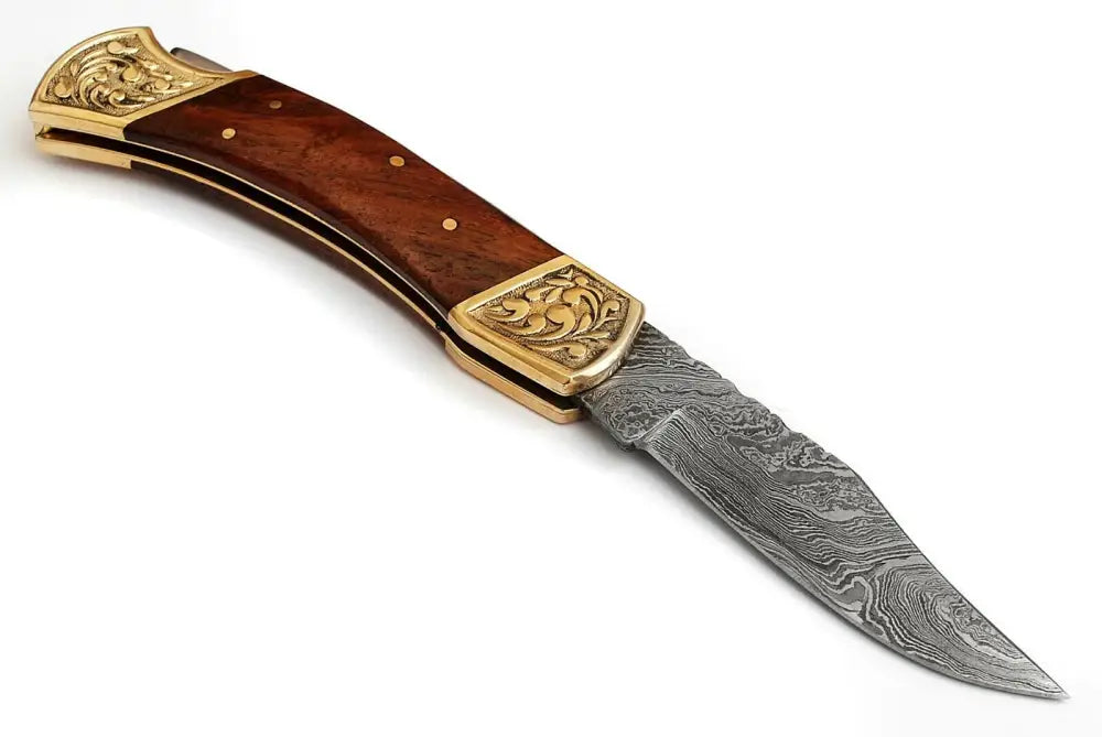 Damascus Steel Pocket Folding Hunter Knife Rosewood