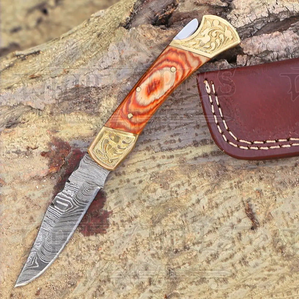 Damascus Steel Pocket Folding Hunter Knife Stained Olive