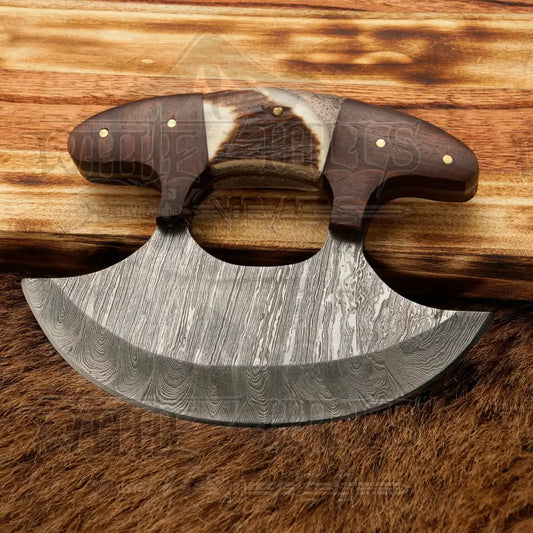 Damascus Ulu Knife - Stag Antler & Rosewood Handle