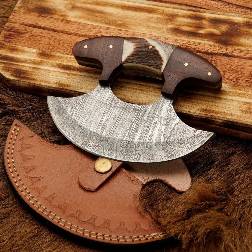 Damascus Ulu Knife - Stag Antler & Rosewood Handle