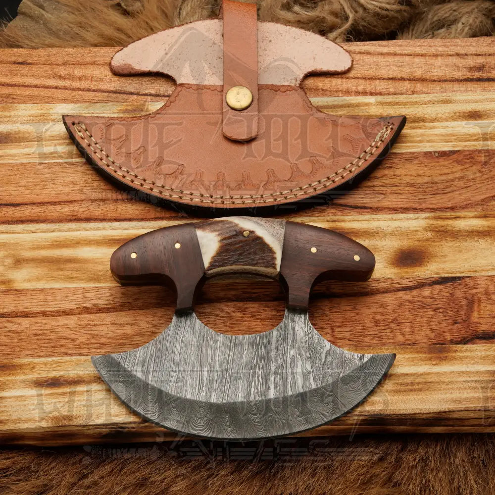 Damascus Ulu Knife - Stag Antler & Rosewood Handle