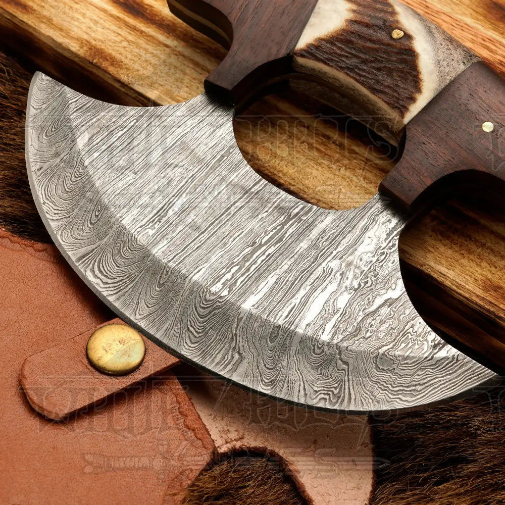 Damascus Ulu Knife - Stag Antler & Rosewood Handle