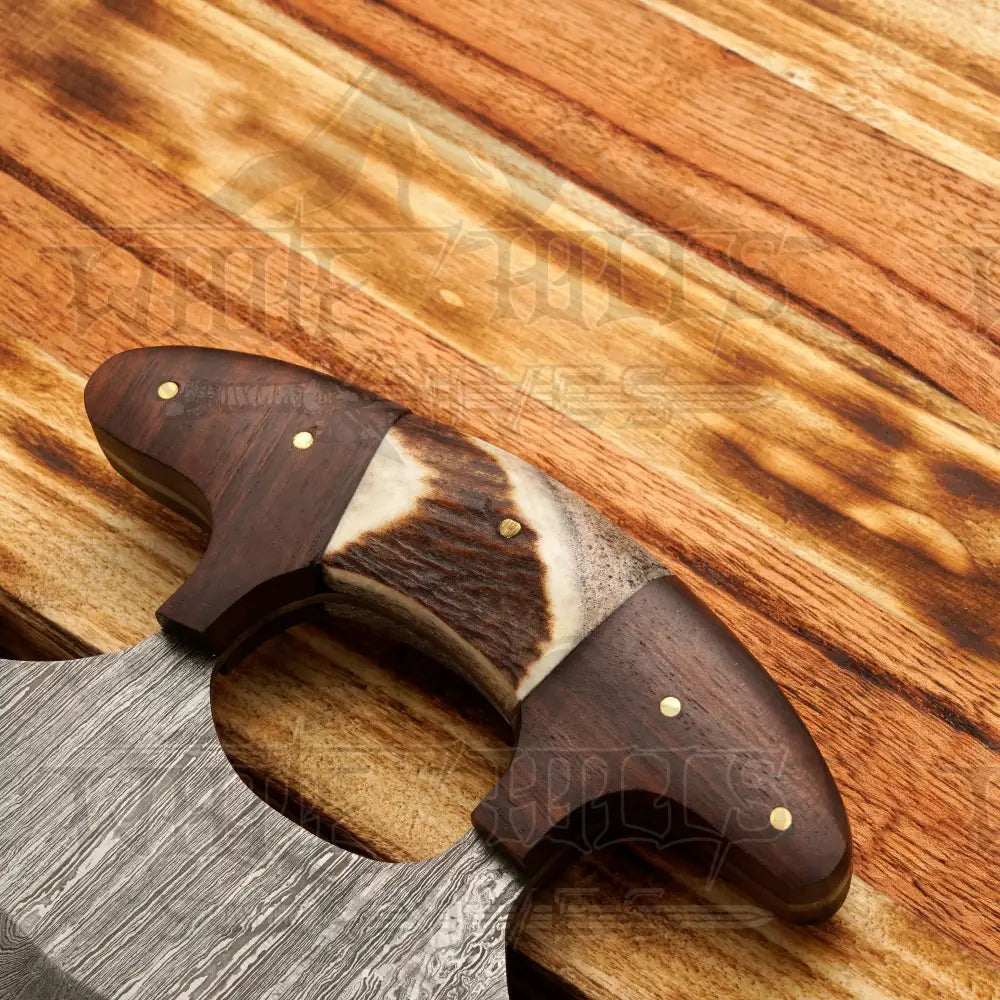 Damascus Ulu Knife - Stag Antler & Rosewood Handle