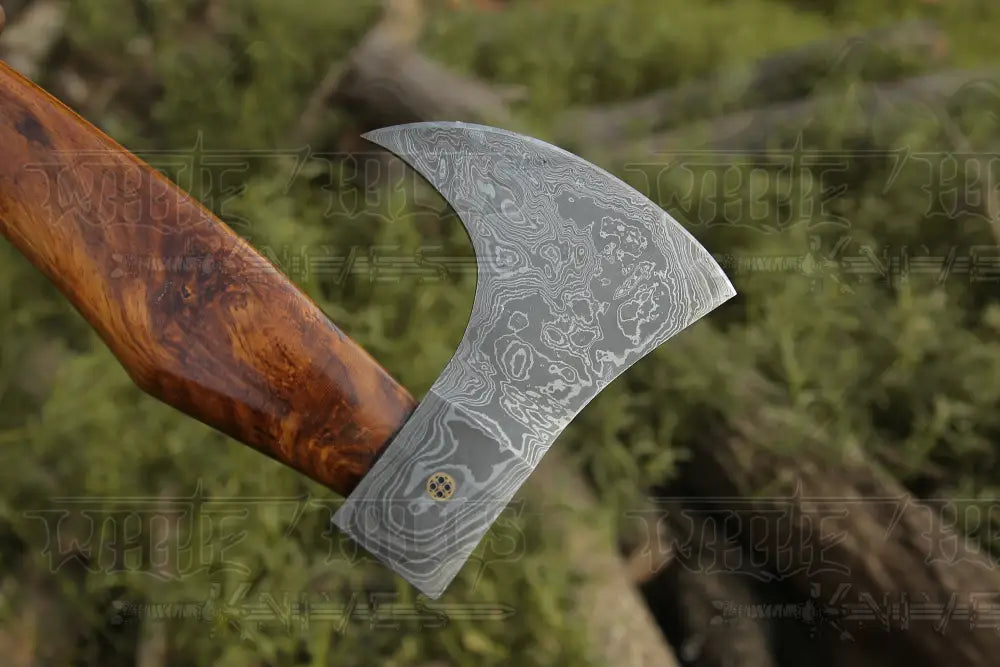 Damascus Viking Axe Steel With Leather Sheath Darkwood Handle Hatchet Camp Axe