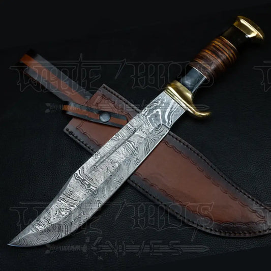 Edc Bowie Knife- Damascus Steel Edc 15Bowie Knife Rambo With Leather Roll & Buffalo Horn Handle