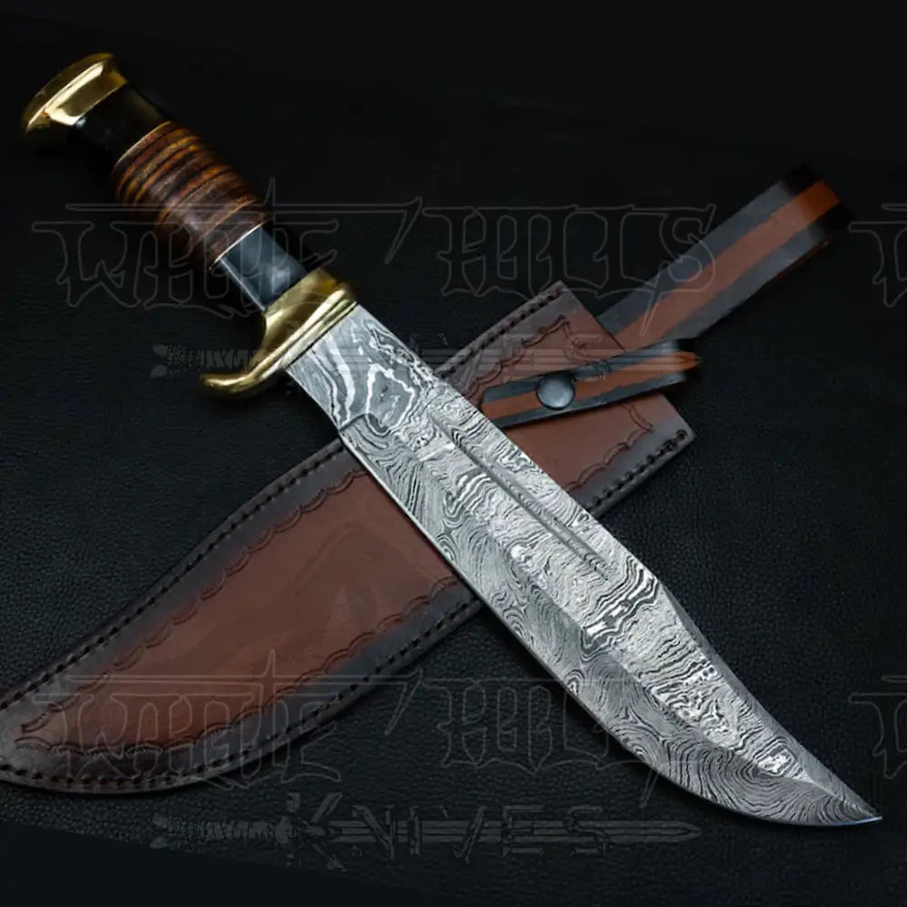 Edc Bowie Knife- Damascus Steel Edc 15Bowie Knife Rambo With Leather Roll & Buffalo Horn Handle