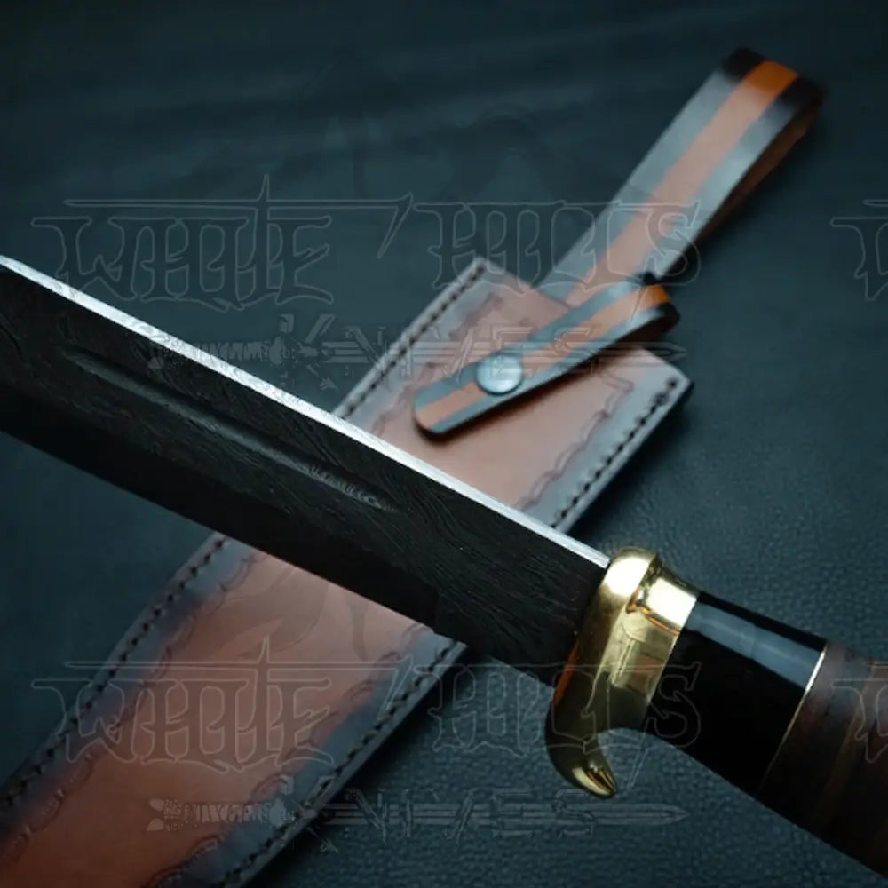 Edc Bowie Knife- Damascus Steel Edc 15Bowie Knife Rambo With Leather Roll & Buffalo Horn Handle