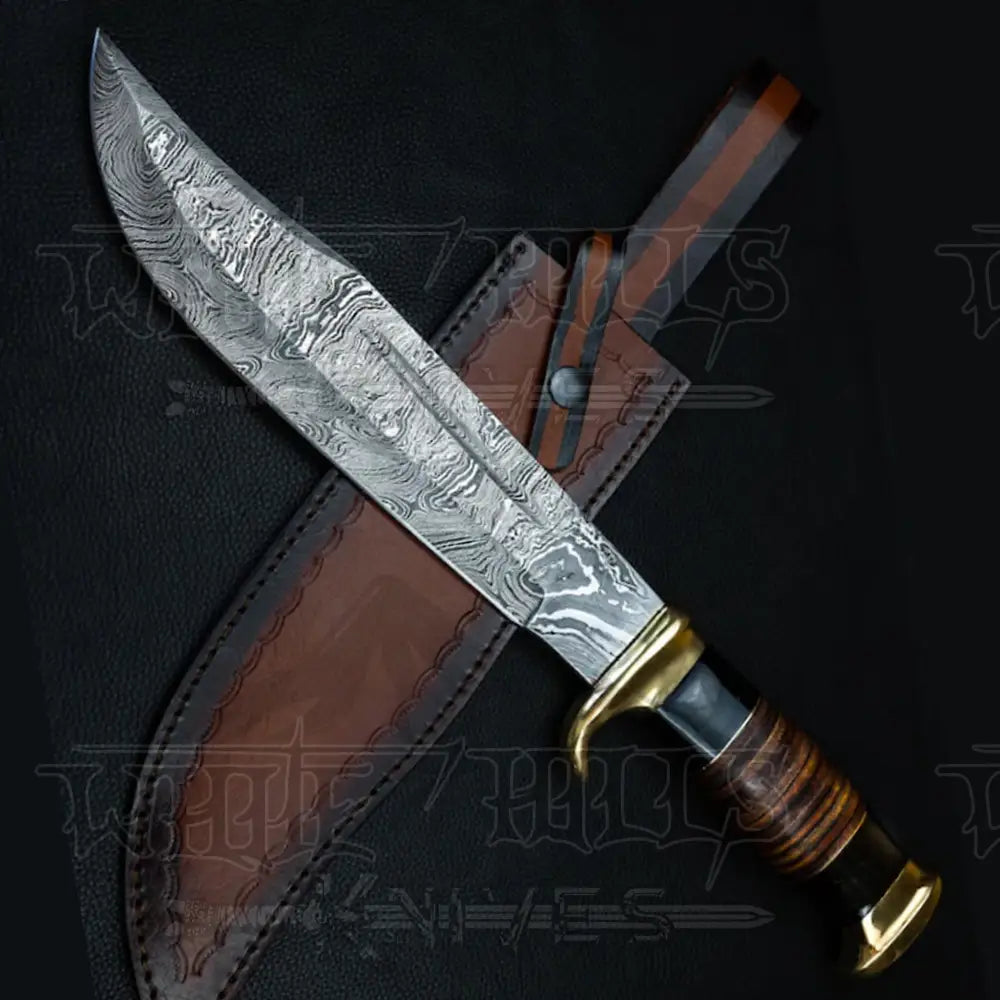 Edc Bowie Knife- Damascus Steel Edc 15Bowie Knife Rambo With Leather Roll & Buffalo Horn Handle