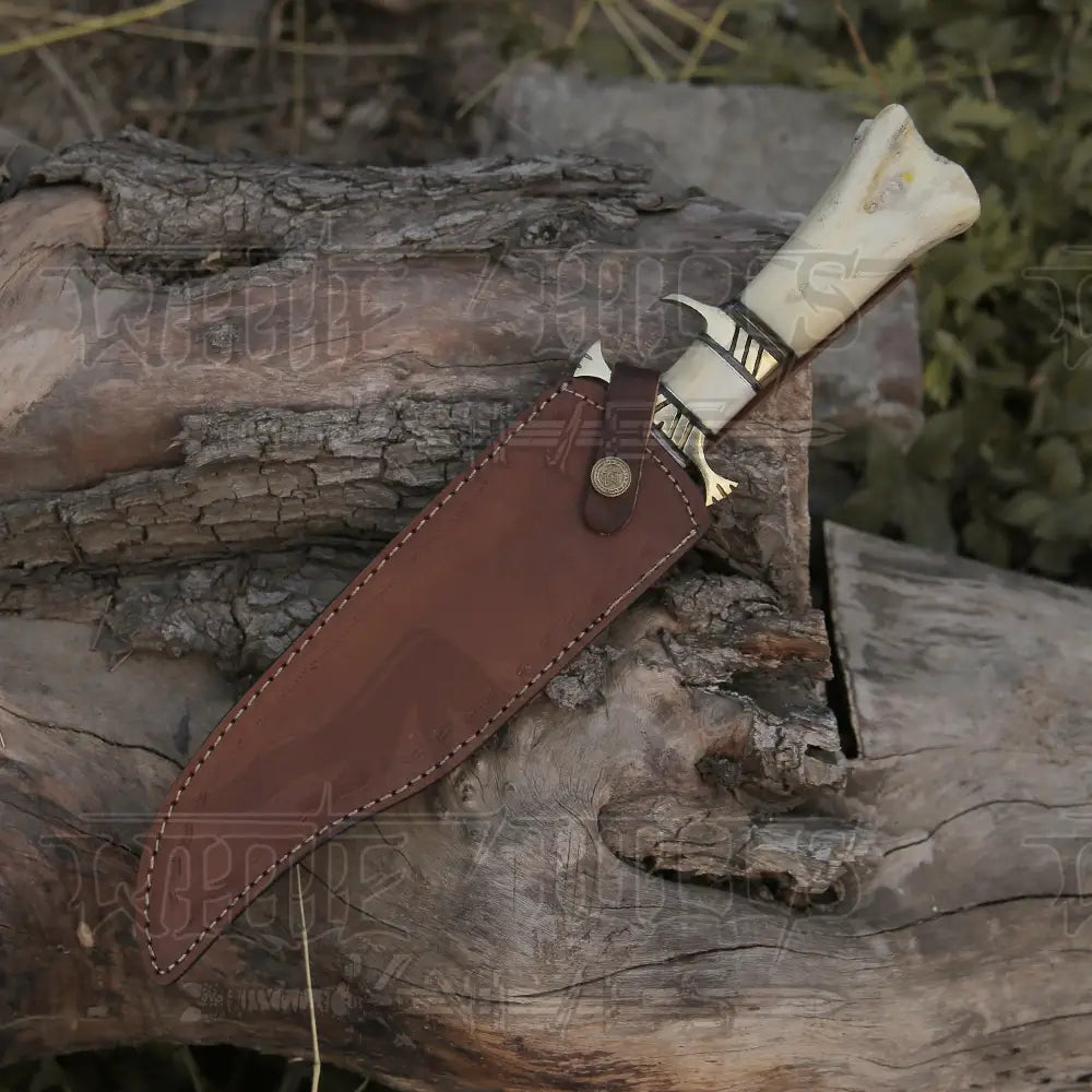 Edc Bowie Knife- Damascus Steel Edc 15 Knife Rambo With Leather Sheath & Camel Bone Handle Knife