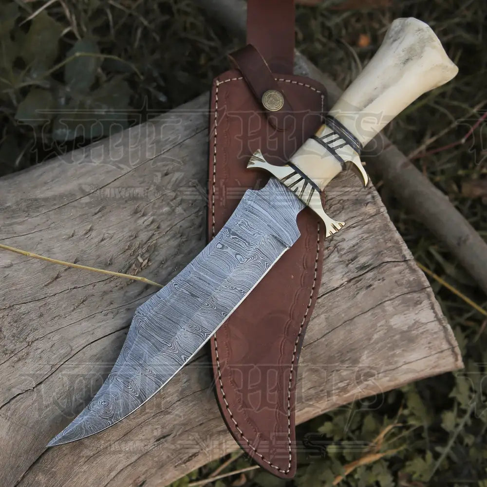 Edc Bowie Knife- Damascus Steel Edc 15 Knife Rambo With Leather Sheath & Camel Bone Handle Knife