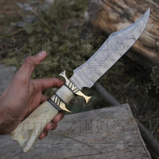 Edc Bowie Knife- Damascus Steel Edc 15 Knife Rambo With Leather Sheath & Camel Bone Handle Knife