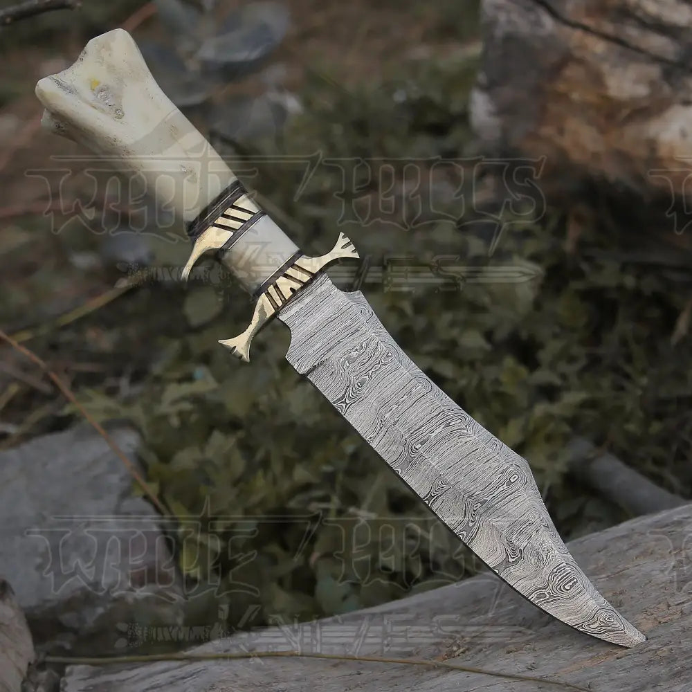 Edc Bowie Knife- Damascus Steel Edc 15 Knife Rambo With Leather Sheath & Camel Bone Handle Knife