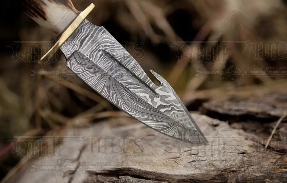 Edc Handmade Forged Damascus Steel Hunting Deer Hook Knife Crown Stag Handle Skinner