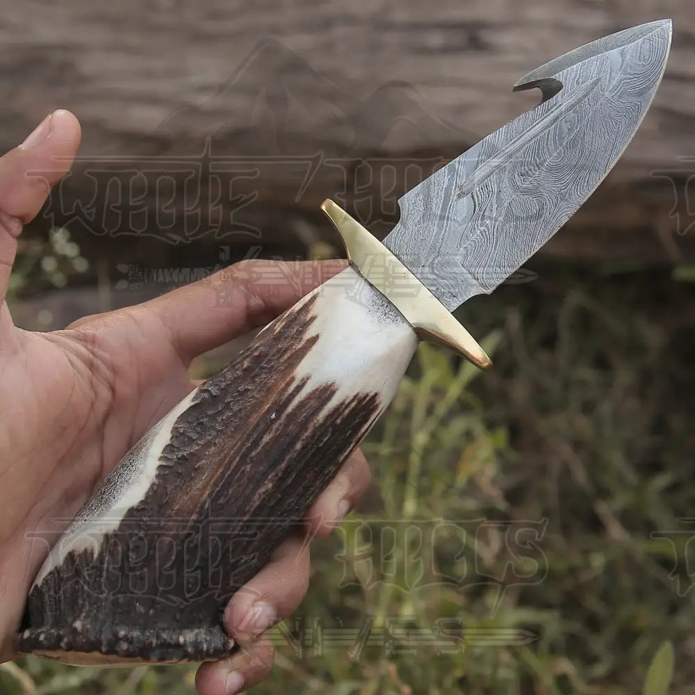 Edc Handmade Forged Damascus Steel Hunting Deer Hook Knife Crown Stag Handle Wh 4417 Skinner