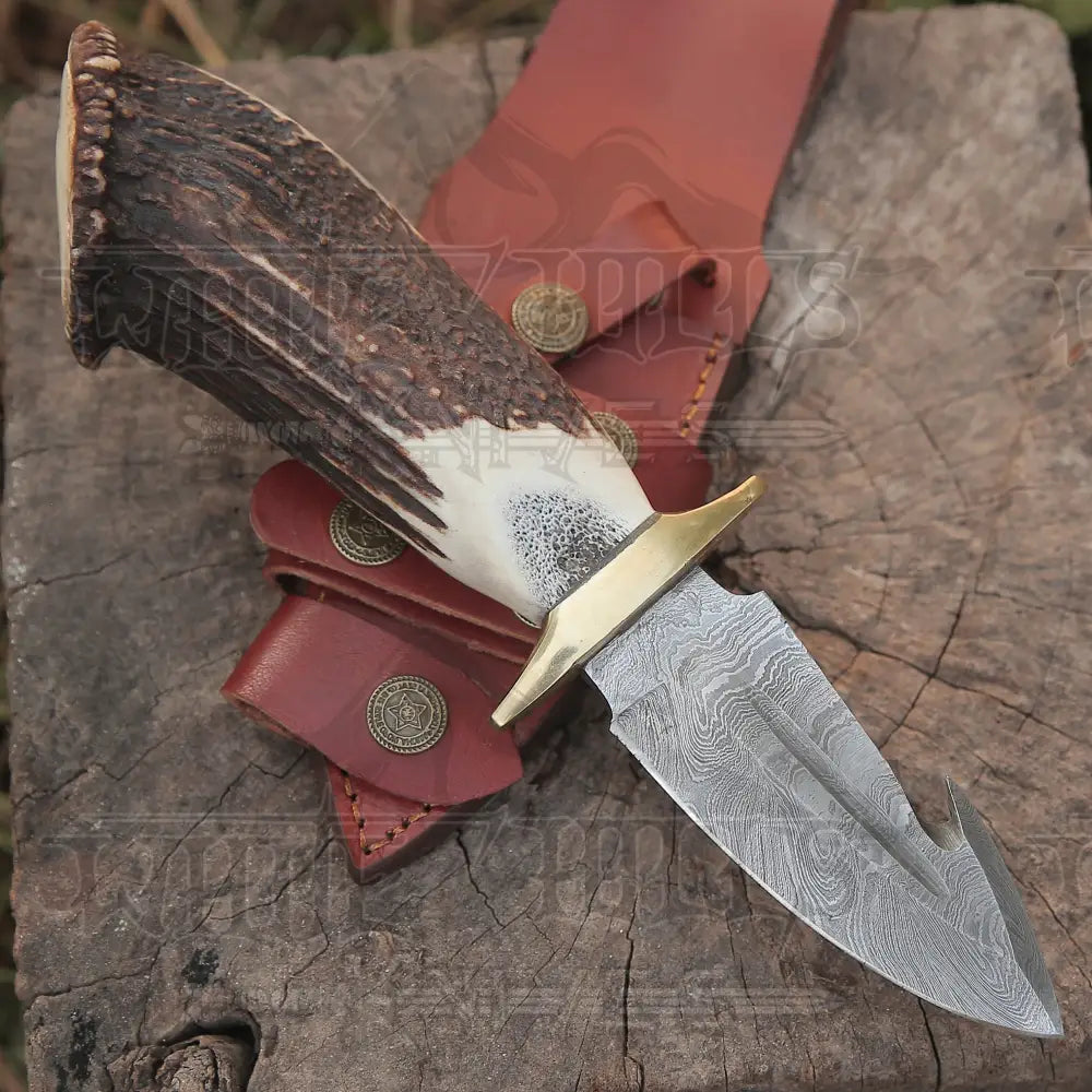 Edc Handmade Forged Damascus Steel Hunting Deer Hook Knife Crown Stag Handle Wh 4417 Skinner