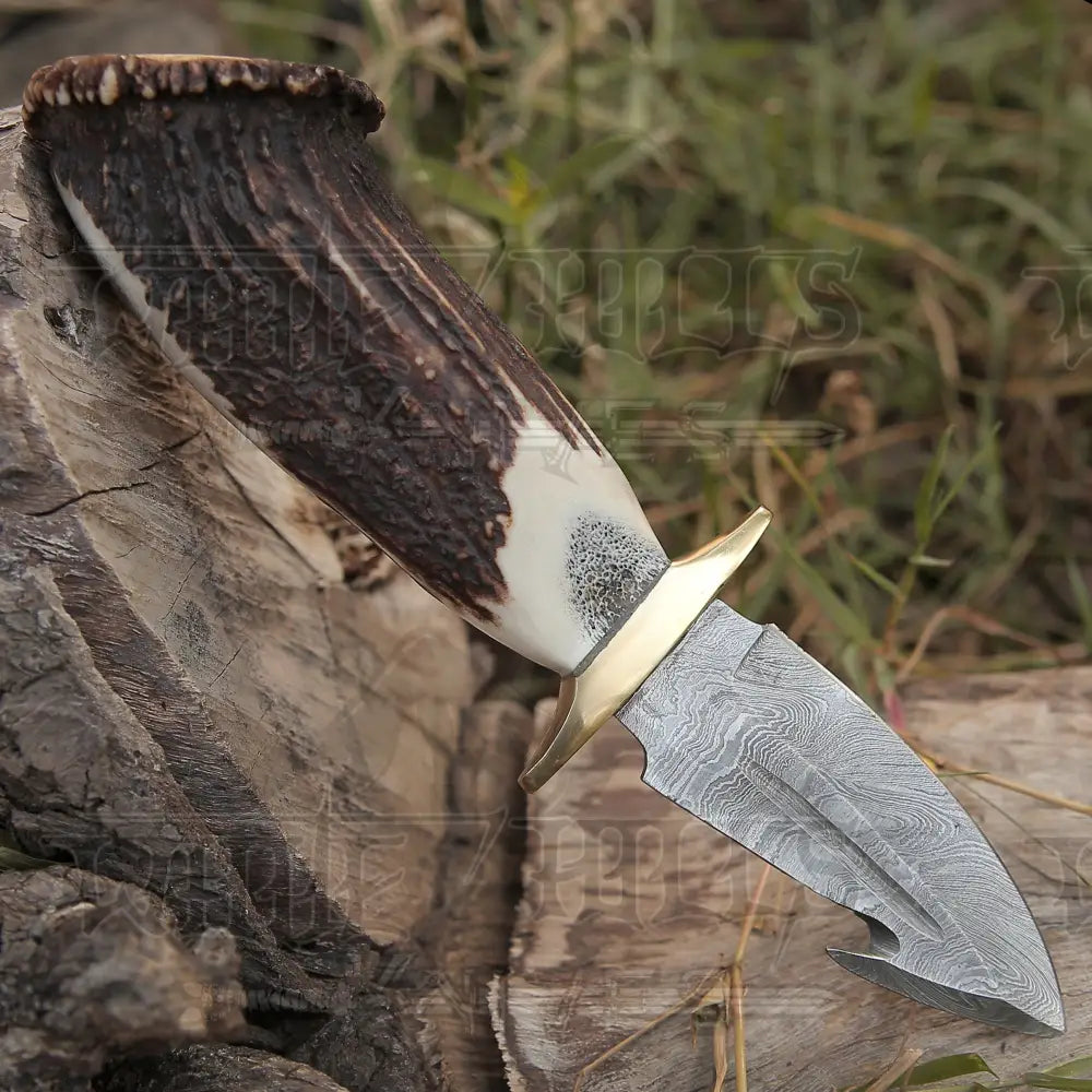 Edc Handmade Forged Damascus Steel Hunting Deer Hook Knife Crown Stag Handle Wh 4417 Skinner
