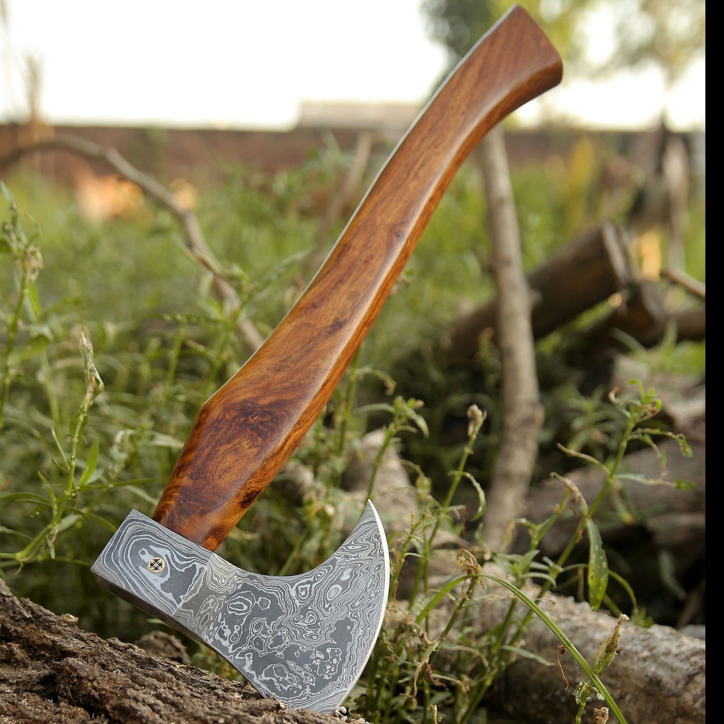 Damascus Viking Axe Steel With Leather Sheath Darkwood Handle Hatchet Camp Axe
