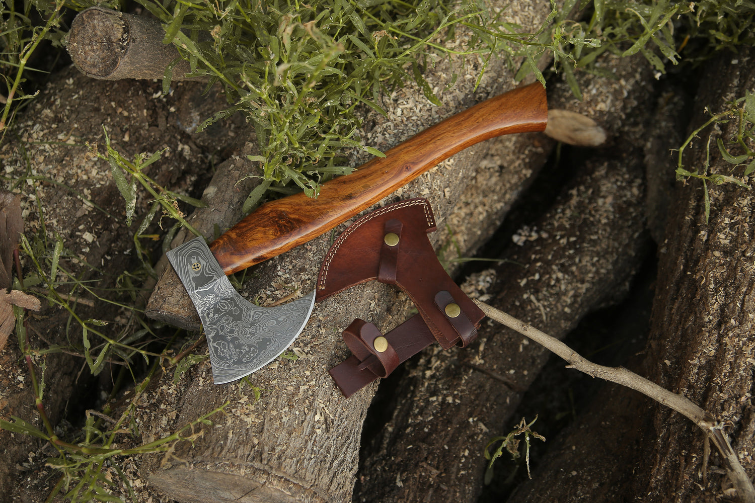 Damascus Viking Axe Steel With Leather Sheath Darkwood Handle Hatchet Camp Axe