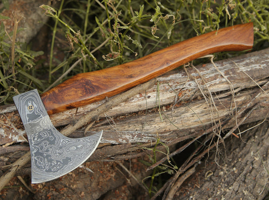 Damascus Viking Axe Steel With Leather Sheath Darkwood Handle Hatchet Camp Axe