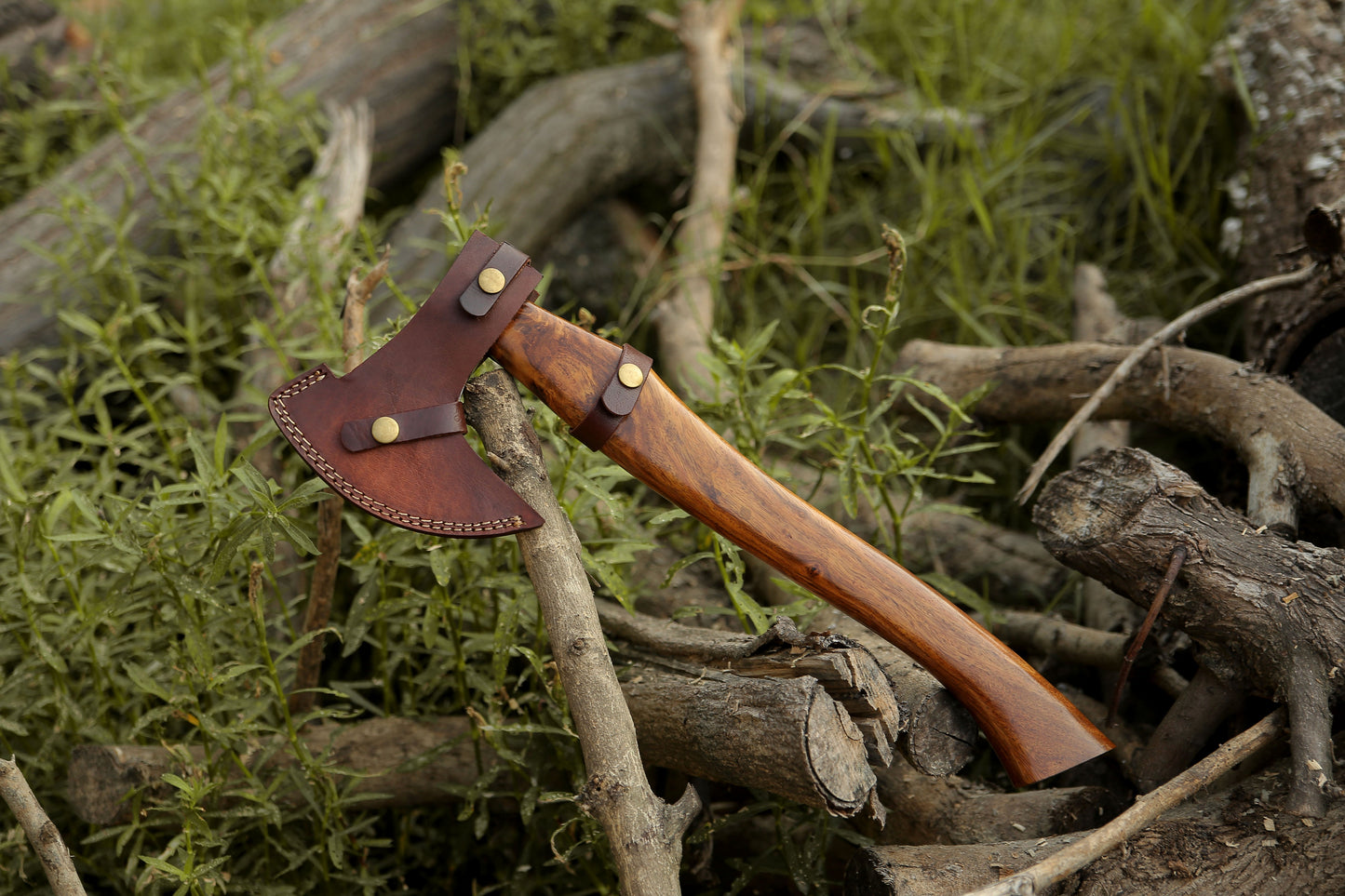 Damascus Viking Axe Steel With Leather Sheath Darkwood Handle Hatchet Camp Axe