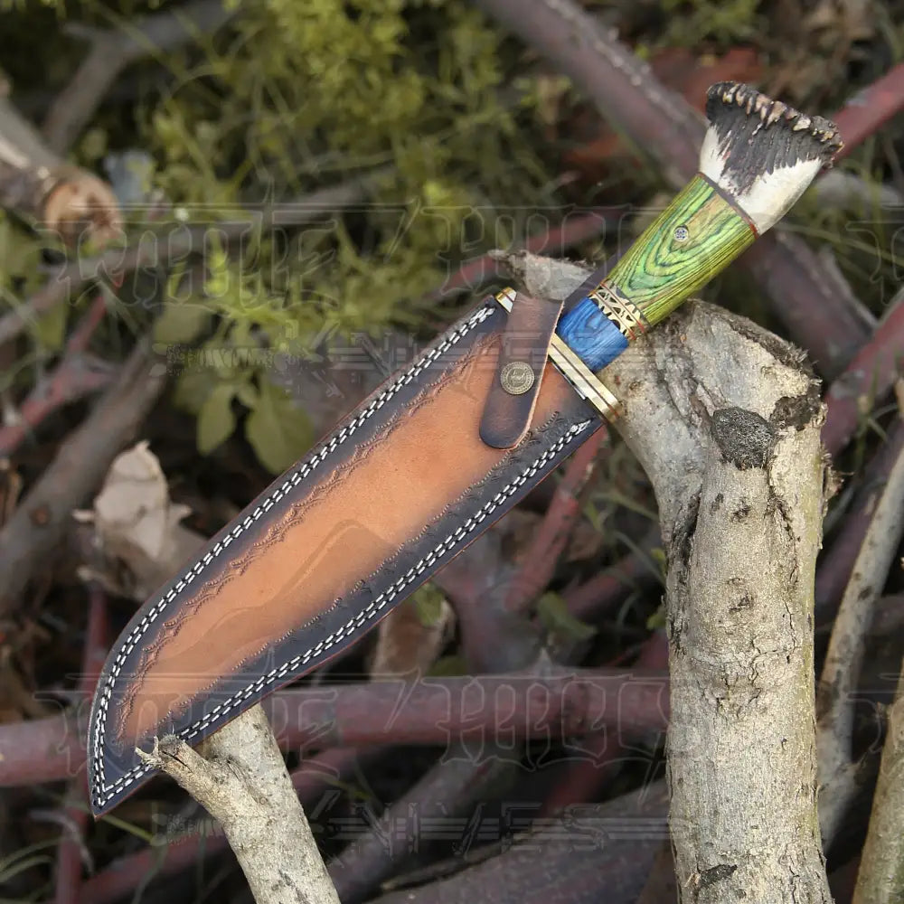 Hand Forged D2 Bowie Knife Steel Hunting Fix Blade - Stag Antler Crown & Wood Handle