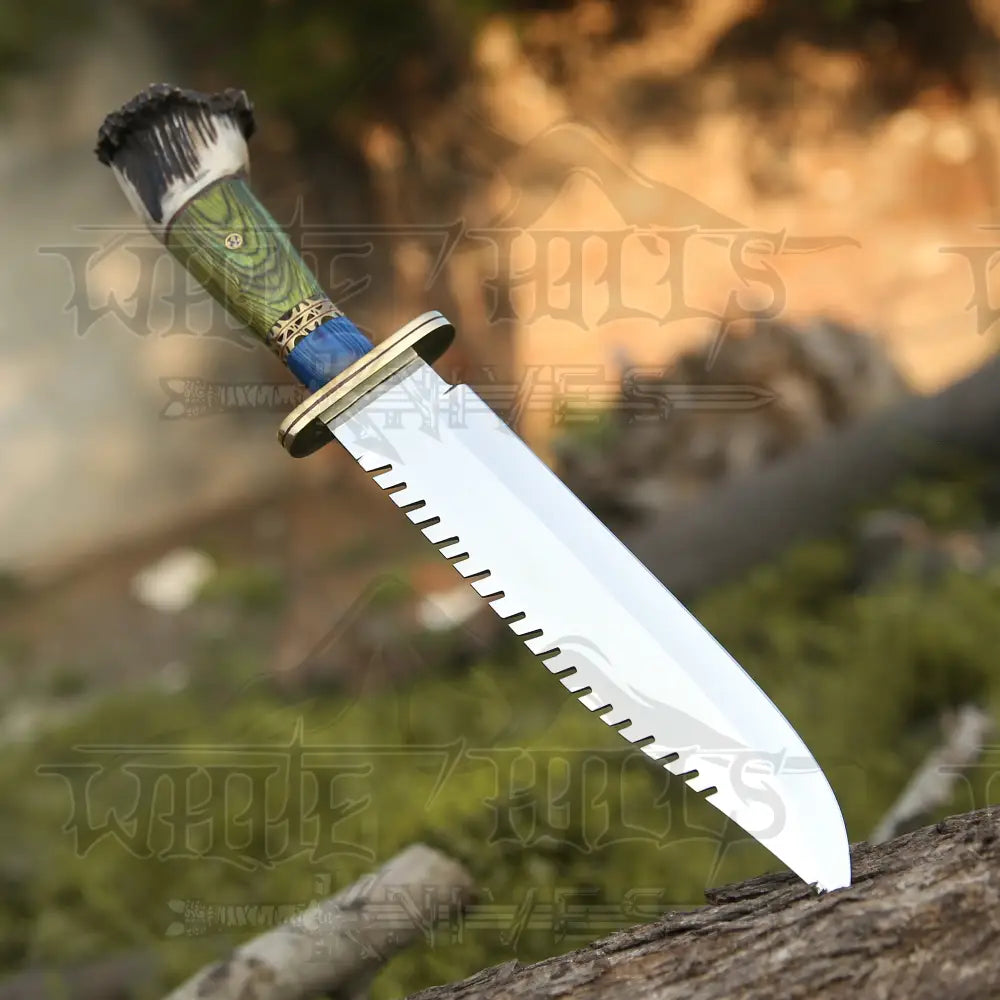 Hand Forged D2 Bowie Knife Steel Hunting Fix Blade - Stag Antler Crown & Wood Handle