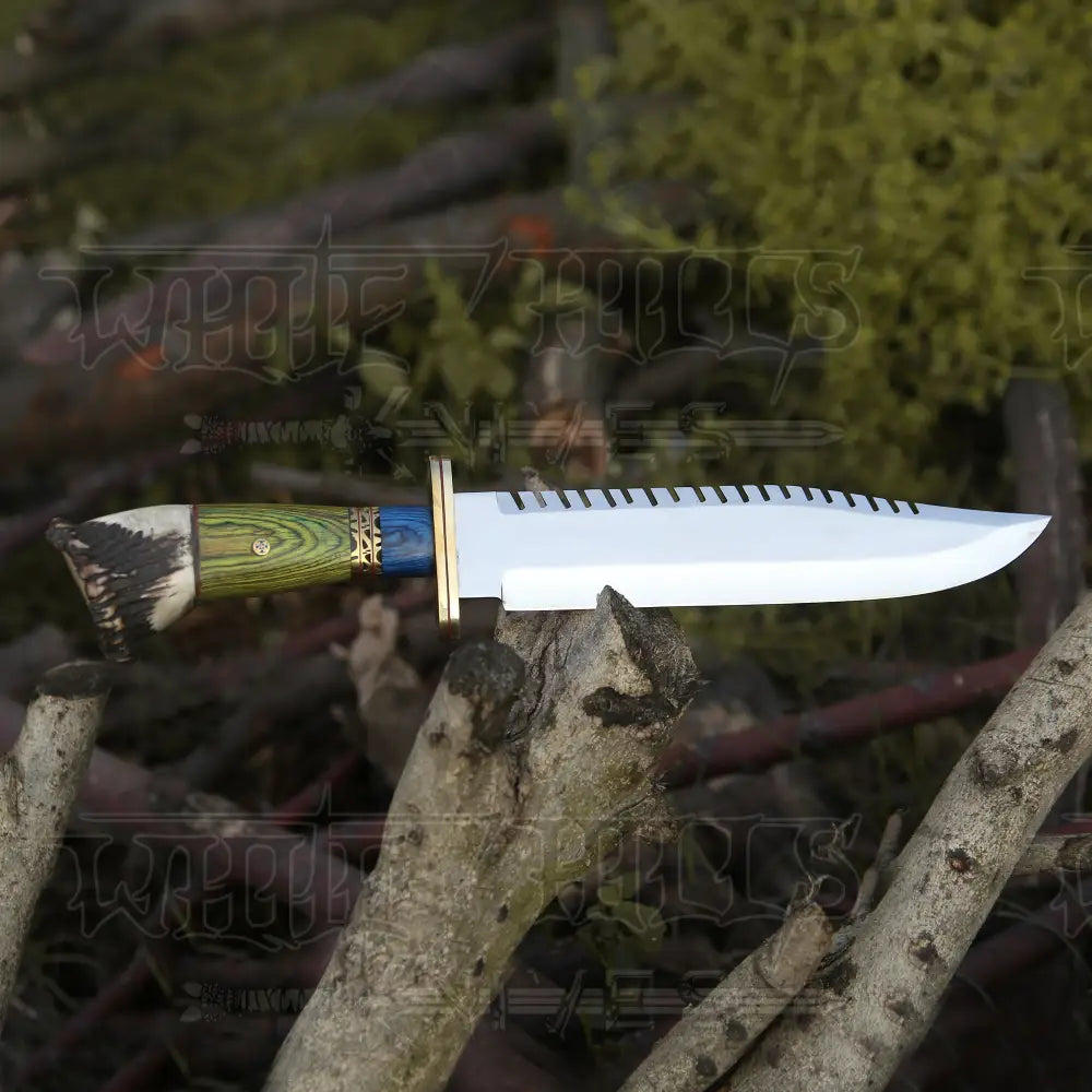 Hand Forged D2 Bowie Knife Steel Hunting Fix Blade - Stag Antler Crown & Wood Handle