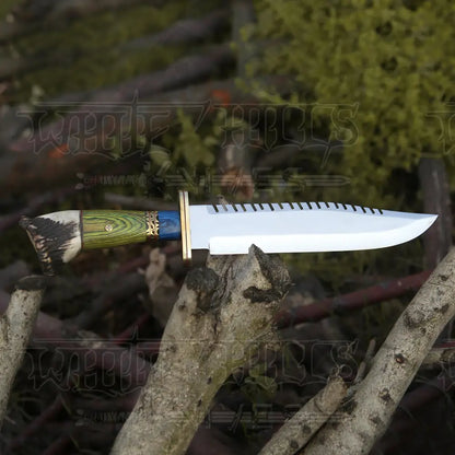 Hand Forged D2 Bowie Knife Steel Hunting Fix Blade - Stag Antler Crown & Wood Handle
