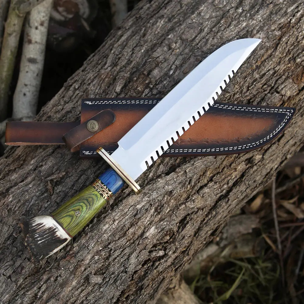 Hand Forged D2 Bowie Knife Steel Hunting Fix Blade - Stag Antler Crown & Wood Handle
